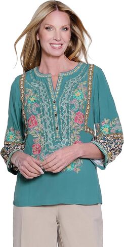 John Mark Women's Clothing | Woven Embroidered Three Quarters Sleeve Tunic with Print Back in Kuwait