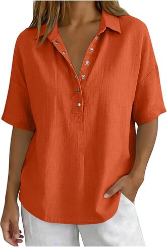 Lightweight Linen Blouses for Women Casual Summer Short Sleeve Henley Shirts Cotton Blend Collared Work Tunic Tops in Saudi Arabia