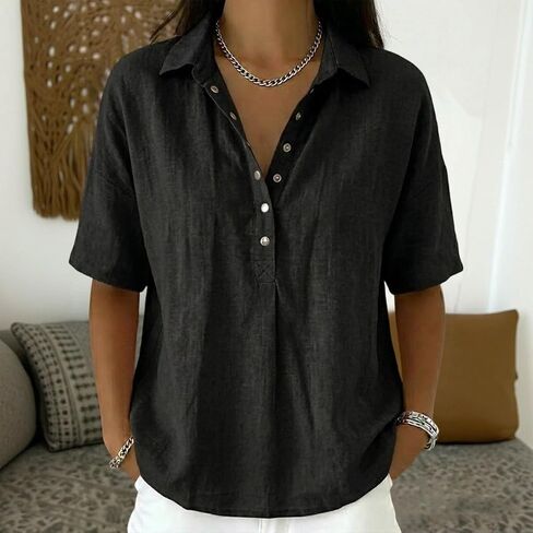 Lightweight Linen Blouses for Women Casual Summer Short Sleeve Henley Shirts Cotton Blend Collared Work Tunic Tops in Kuwait