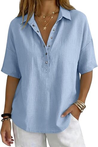 Lightweight Linen Blouses for Women Casual Summer Short Sleeve Henley Shirts Cotton Blend Collared Work Tunic Tops in Kuwait