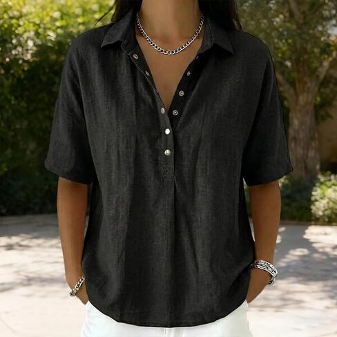 Lightweight Linen Blouses for Women Casual Summer Short Sleeve Henley Shirts Cotton Blend Collared Work Tunic Tops in Kuwait