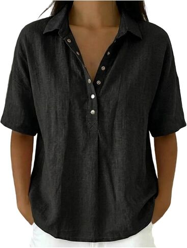 Lightweight Linen Blouses for Women Casual Summer Short Sleeve Henley Shirts Cotton Blend Collared Work Tunic Tops in Kuwait