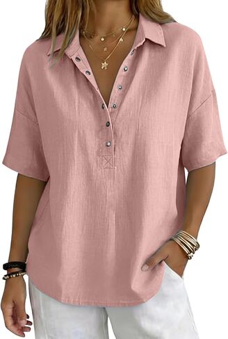 Lightweight Linen Blouses for Women Casual Summer Short Sleeve Henley Shirts Cotton Blend Collared Work Tunic Tops in Kuwait