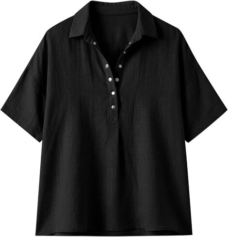 Lightweight Linen Blouses for Women Casual Summer Short Sleeve Henley Shirts Cotton Blend Collared Work Tunic Tops in Kuwait
