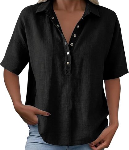 Lightweight Linen Blouses for Women Casual Summer Short Sleeve Henley Shirts Cotton Blend Collared Work Tunic Tops in Kuwait