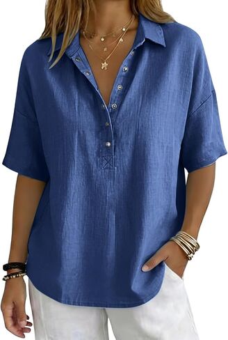 Lightweight Linen Blouses for Women Casual Summer Short Sleeve Henley Shirts Cotton Blend Collared Work Tunic Tops in Kuwait