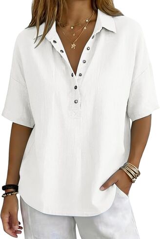 Lightweight Linen Blouses for Women Casual Summer Short Sleeve Henley Shirts Cotton Blend Collared Work Tunic Tops in Kuwait