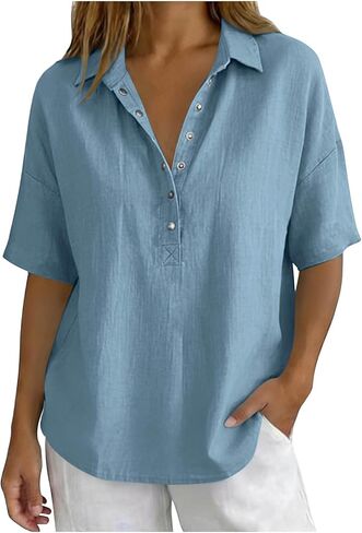 Lightweight Linen Blouses for Women Casual Summer Short Sleeve Henley Shirts Cotton Blend Collared Work Tunic Tops in Kuwait