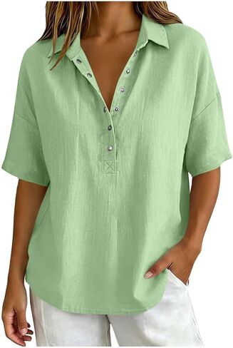 Lightweight Linen Blouses for Women Casual Summer Short Sleeve Henley Shirts Cotton Blend Collared Work Tunic Tops in Kuwait