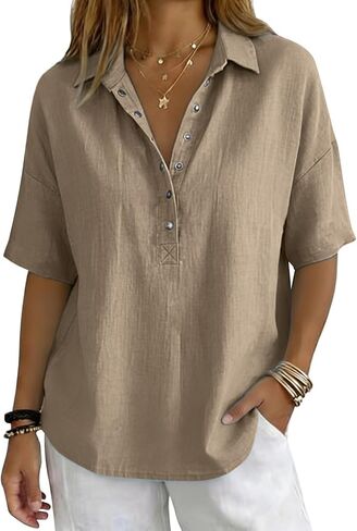 Lightweight Linen Blouses for Women Casual Summer Short Sleeve Henley Shirts Cotton Blend Collared Work Tunic Tops in Kuwait