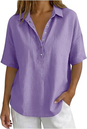 Lightweight Linen Blouses for Women Casual Summer Short Sleeve Henley Shirts Cotton Blend Collared Work Tunic Tops in Kuwait