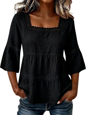 Linen Tops for Women - Square Neck 3/4 Sleeve Cotton Linen Tops Plus Size Summer 2026 Gauzy Shirts Tunic Casual Blouses in Kuwait