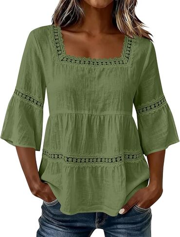 Linen Tops for Women - Square Neck 3/4 Sleeve Cotton Linen Tops Plus Size Summer 2026 Gauzy Shirts Tunic Casual Blouses in Kuwait