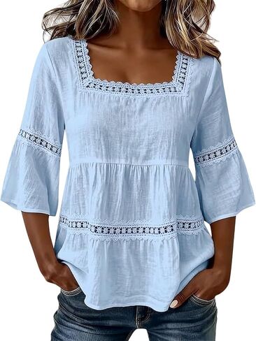 Linen Tops for Women - Square Neck 3/4 Sleeve Cotton Linen Tops Plus Size Summer 2026 Gauzy Shirts Tunic Casual Blouses in Kuwait