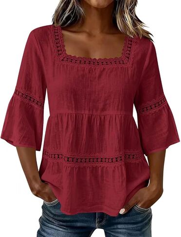 Linen Tops for Women - Square Neck 3/4 Sleeve Cotton Linen Tops Plus Size Summer 2026 Gauzy Shirts Tunic Casual Blouses in Kuwait