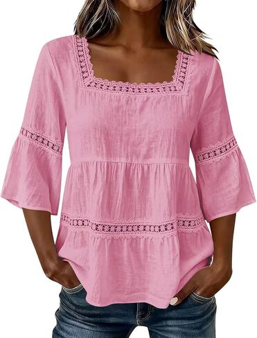 Linen Tops for Women - Square Neck 3/4 Sleeve Cotton Linen Tops Plus Size Summer 2026 Gauzy Shirts Tunic Casual Blouses in Kuwait