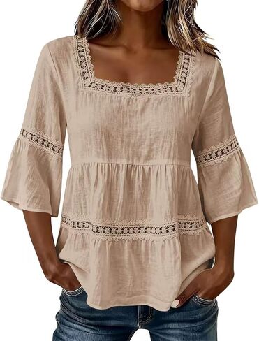 Linen Tops for Women - Square Neck 3/4 Sleeve Cotton Linen Tops Plus Size Summer 2026 Gauzy Shirts Tunic Casual Blouses in Kuwait
