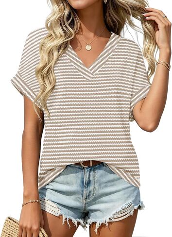 GUNEST Womens Short Sleeve Shirts Summer Knit Waffle Cover Up Tops Casual Trendy V Neck Beach T Shirt Tunic Tops 2026 in Saudi Arabia