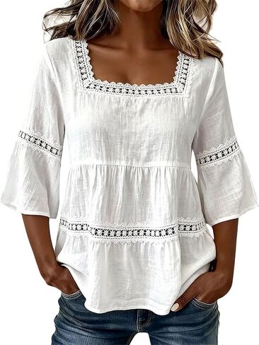 Linen Tops for Women - Square Neck 3/4 Sleeve Cotton Linen Tops Plus Size Summer 2026 Gauzy Shirts Tunic Casual Blouses in Kuwait