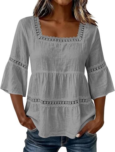 Linen Tops for Women - Square Neck 3/4 Sleeve Cotton Linen Tops Plus Size Summer 2026 Gauzy Shirts Tunic Casual Blouses in Kuwait