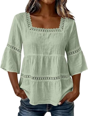 Linen Tops for Women - Square Neck 3/4 Sleeve Cotton Linen Tops Plus Size Summer 2026 Gauzy Shirts Tunic Casual Blouses in Kuwait