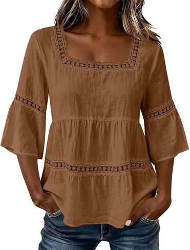 Linen Tops for Women - Square Neck 3/4 Sleeve Cotton Linen Tops Plus Size Summer 2026 Gauzy Shirts Tunic Casual Blouses in Kuwait