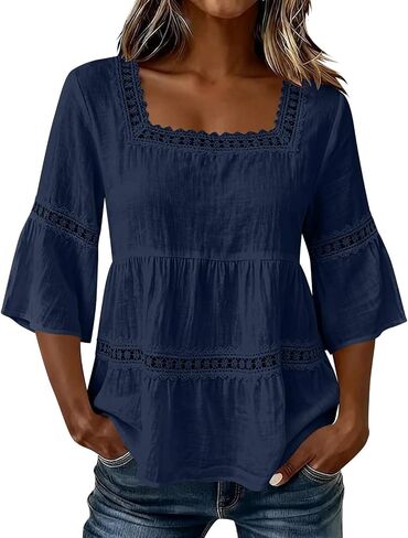 Linen Tops for Women - Square Neck 3/4 Sleeve Cotton Linen Tops Plus Size Summer 2026 Gauzy Shirts Tunic Casual Blouses in Kuwait