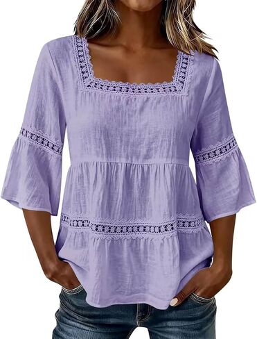 Linen Tops for Women - Square Neck 3/4 Sleeve Cotton Linen Tops Plus Size Summer 2026 Gauzy Shirts Tunic Casual Blouses in Kuwait