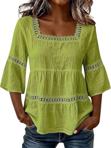 Linen Tops for Women - Square Neck 3/4 Sleeve Cotton Linen Tops Plus Size Summer 2026 Gauzy Shirts Tunic Casual Blouses in Kuwait