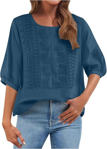 Embroidered Linen Tunic Shirts for Women Boho Half Sleeve Oversized High Low Hem Tops Summer Dressy Casual Blouses in Kuwait