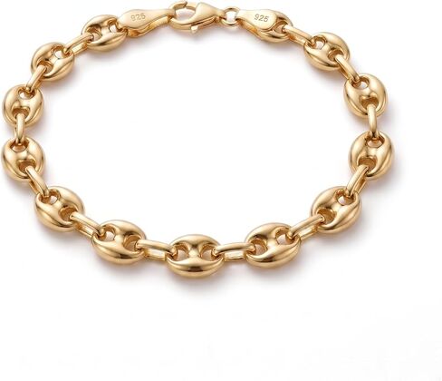 HEON 24K Gold Plated 925 Sterling Silver Puffed Mariner Chain Bracelet | 7.10mm Solid Links | Hypoallergenic Nickel Free in Saudi Arabia
