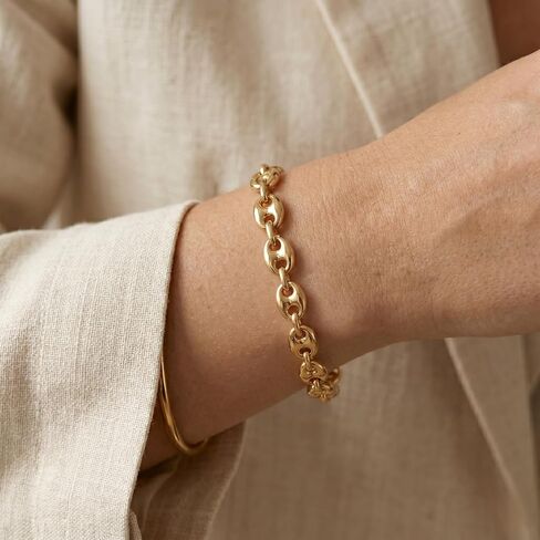 HEON 24K Gold Plated 925 Sterling Silver Puffed Mariner Chain Bracelet | 7.10mm Solid Links | Hypoallergenic Nickel Free in Saudi Arabia