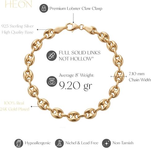 HEON 24K Gold Plated 925 Sterling Silver Puffed Mariner Chain Bracelet | 7.10mm Solid Links | Hypoallergenic Nickel Free in Saudi Arabia