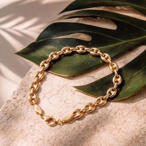 HEON 24K Gold Plated 925 Sterling Silver Puffed Mariner Chain Bracelet | 7.10mm Solid Links | Hypoallergenic Nickel Free in Saudi Arabia