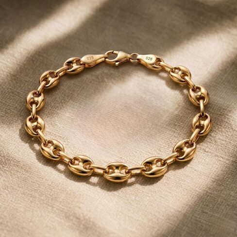 HEON 24K Gold Plated 925 Sterling Silver Puffed Mariner Chain Bracelet | 7.10mm Solid Links | Hypoallergenic Nickel Free in Saudi Arabia