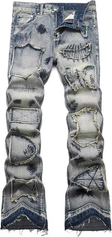 HENGAO Mens Flared Jeans Slim Fit Stretch Skinny Ripped Distressed Trendy Bell Bottom Denim Pants in Saudi Arabia