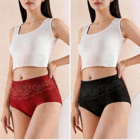 Women's 2-Pack High Waist Cotton Briefs, Lace Trim Underwear, Soft Breathable Panties, Red & Black, for Daily Wear, L in Kuwait
