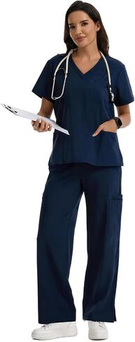 Scrubs for Women Set, V-Neck Top & Straight Leg Pants with 9 Pockets, Stretch Fabric Cozy Scrubs in Kuwait