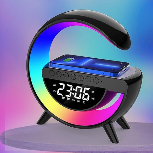 Smart Wireless Charging Table Lamp, Multifunctional Bluetooth Speaker & Alarm Clock - LED Bedside Desk Lamp Night Light for Heavy Sleepers, Superfine Bedroom Home Decoration (Black) in Saudi Arabia
