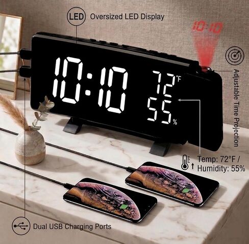 ساعة منبه لسقف غرفة النوم مع راديو FM - ساعة LED منحنية 7.3 بوصة، شحن USB مزدوج، درجة الحرارة والرطوبة، باهتة، مؤقت للنوم ومنبه مزدوج للنوم الثقيل (أسود) in Kuwait