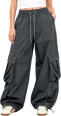 Bakyarder Women’s Baggy Cargo Pants Barrel Wide Leg Y2K Streetwear Pants with Elastic Drawstring Waist and Pockets in Saudi Arabia