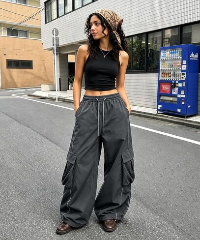 Bakyarder Women’s Baggy Cargo Pants Barrel Wide Leg Y2K Streetwear Pants with Elastic Drawstring Waist and Pockets in Saudi Arabia