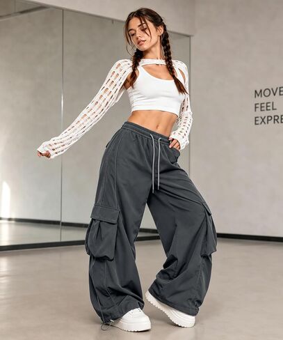 Bakyarder Women’s Baggy Cargo Pants Barrel Wide Leg Y2K Streetwear Pants with Elastic Drawstring Waist and Pockets in Saudi Arabia