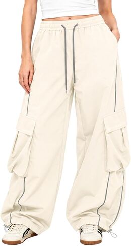 Bakyarder Women’s Baggy Cargo Pants Barrel Wide Leg Y2K Streetwear Pants with Elastic Drawstring Waist and Pockets in Saudi Arabia