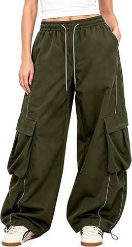 Bakyarder Women’s Baggy Cargo Pants Barrel Wide Leg Y2K Streetwear Pants with Elastic Drawstring Waist and Pockets in Saudi Arabia
