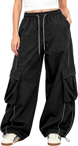 Bakyarder Women’s Baggy Cargo Pants Barrel Wide Leg Y2K Streetwear Pants with Elastic Drawstring Waist and Pockets in Saudi Arabia