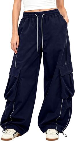 Bakyarder Women’s Baggy Cargo Pants Barrel Wide Leg Y2K Streetwear Pants with Elastic Drawstring Waist and Pockets in Saudi Arabia