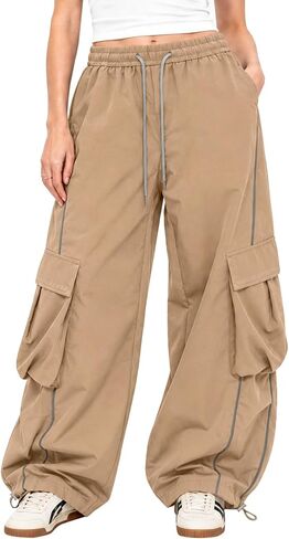 Bakyarder Women’s Baggy Cargo Pants Barrel Wide Leg Y2K Streetwear Pants with Elastic Drawstring Waist and Pockets in Saudi Arabia