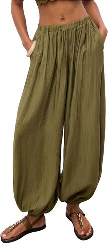 Verdusa Women's Textured Balloon Pants Bohemian Wide Leg Pants Low Waist Trousers with Pockets in Kuwait