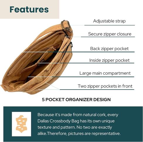 Cork Crossbody Bag for Women – Lightweight Medium Organizer Purse, Vegan Cork Handbag with Adjustable Strap, Dallas | Lightweight Cork Bag in Kuwait
